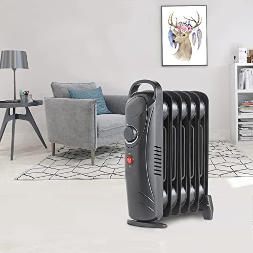 NRG 800W Mini Oil Filled Radiator 6 Fins Portable Electric Heater Adjustable Thermostat Black