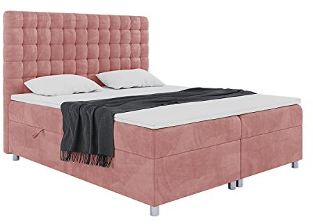 MEBLINI Boxspringbett mit Bettkasten - Gepolstert Doppelbett mit Matratze und Topper - Polsterbett mit Stauraum - Bett mit Kopfteil - Stauraumbett - Aston - 140x200 - H3/Rosa Samt