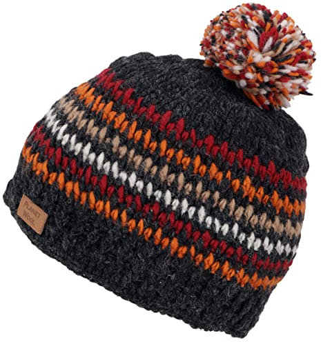 GURU SHOP Bommelmützel aus Nepal, Mütze aus Schurwolle, Wintermütze - Grau/orange, Herren/Damen, Synthetisch