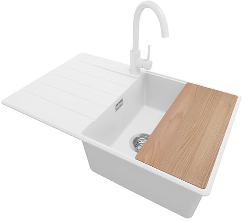 PRIMAGRAN Granitspüle ab 50er Unterschrank + Küchenarmatur, 78x50cm | Set: Küchenarmatur BW5010 + Ablauf-Set + Schneidebrett + Spülbecken 1 Becken - Kopenhagen Top, Weiß