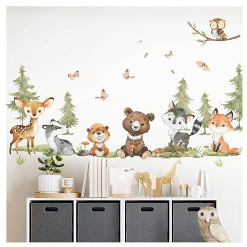 DEKO KINDERZIMMER Wandtattoo Baum Waldtiere Wandaufkleber REH Hase Fuchs Wandsticker Babyzimmer Kinderzimmer Wanddeko DK1110-4