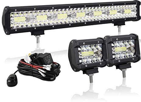 AUXTINGS 50 cm 420W LED Lichtleiste Spot Zusatzscheinwerfer Flutlicht,2x 10cm 36W Spot LED Arbeitsleuchte mit 2 Kabeln 12V Kabelbaum-Kit für JP Pickup Offroad Truck 4X4 ATV Bootsanhänger,wasserdicht