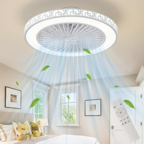 TYDOJK Ceiling Fan with Lights Dimmable 3 Colors 20 Reversible Ceiling Fans with Remote Control 6 Wind Speeds Smart Timing Bladeless Ceiling Fan Light Low Profile Flush Mount Enclosed Ceiling Fan