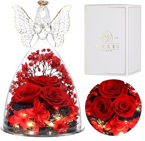 Eaprala DREI Konservierte Rosen Geschenk in Glas Engelsfiguren, Geburtstagsgeschenke für Frauen, Engel Geschenke für Sie auf Jahrestag,Weihnachten,Valentinstag.Rot