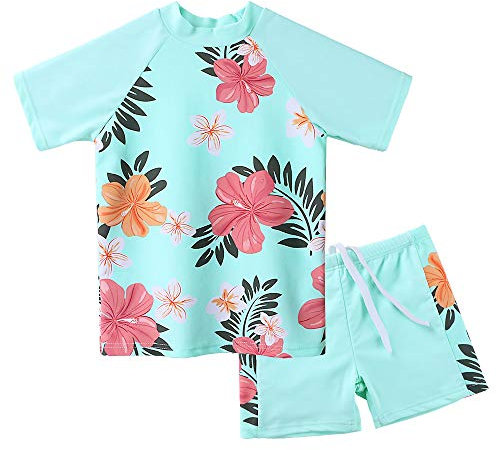ZNYUNE Fille Maillot de Bain Imprimé 2 Pièces Enfant Rash Guard Anti-UV S241 Fleur-Cyan 16A