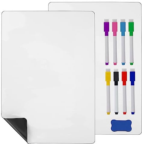 Hisredsun A3 2 Pcs Magnetic Dry Erase Whiteboard Sheet for Fridge,Small Magnet Fridge Message Boards with 8 Pens,2 Eraser,Reminder Sticker, Monthly Planner, Grocery List
