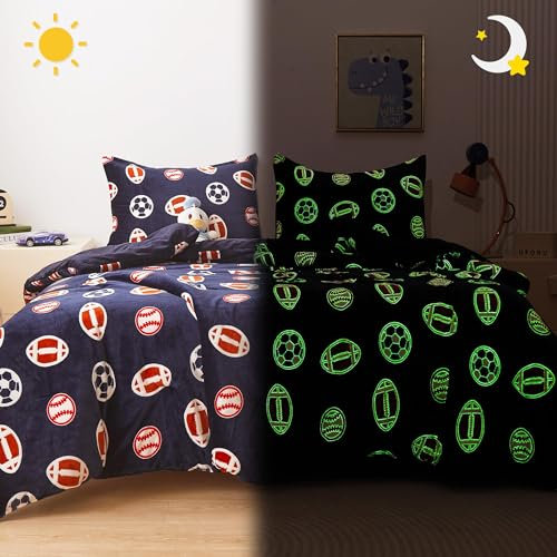 Mooreeke Bettwäsche-Set für Jungen, leuchtet im Dunkeln, 3-teiliges Bett in einer Tasche mit Kissenbezügen, Rugby, Fußball, Basketball, Fußball, aus weichem Flanell, Kinder-Bettwäsche-Set