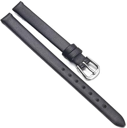 Chlikeyi Kleines, ultradünnes Uhrenarmband aus weichem Leder, echte Damenuhrenkette, einfarbig, 6-12mm, Schwarzes Silber, 16 mm