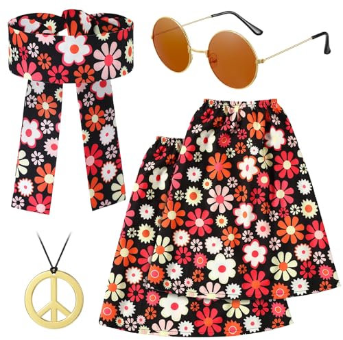 Hestya 4 Stück Hippie Kostüm Damen Set 60 70er Jahre Hippie Outfit Stirnband Beinstulpen Frieden Zeichen Halskette Sonnenbrille Accessoires für Karneval Mädchen Frauen (Braun)