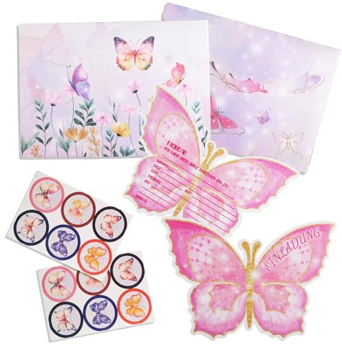 Foesihep 12PCS Einladungskarten Schmetterling, Einladungskarten Kindergeburtstag Mädchen, mit Schmetterling Umschläge und Aufkleber, Partyeinladungen Einladungskarten Geburtstag