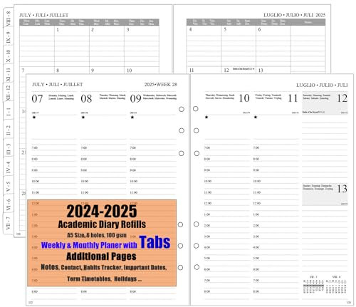 2024 2025 Wochenplaner Einlage A5 6 Löcher, 1 Woche 2 Seiten mit Tabs, Extra Notizen Kontakt, Aug’24-Jul’25, 100 gsm, Kalendereinlage Timereinlage für A5 Ordner/Binder, Terminplaner Vertikaler