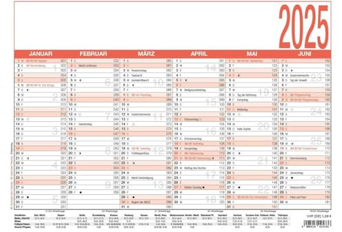 Zettler - Arbeitstagekalender 2025 weiß/rot, 29,7x21cm, Plakatkalender mit Jahresübersicht, 6 Monate auf 1 Seite, Mondphasen, Arbeitstage-, Tages- und Wochenzählung und deutsches Kalendarium