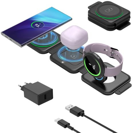 GEEKERA Induktive Ladestation für Samsung, 3 in 1 Faltbare Wireless Charger für Samsung S25/S24/S23/S22/S21, Reise Induktionsladegerät für Galaxy Watch, Kabelloses Ladegerät für Galaxy Buds-Schwarz