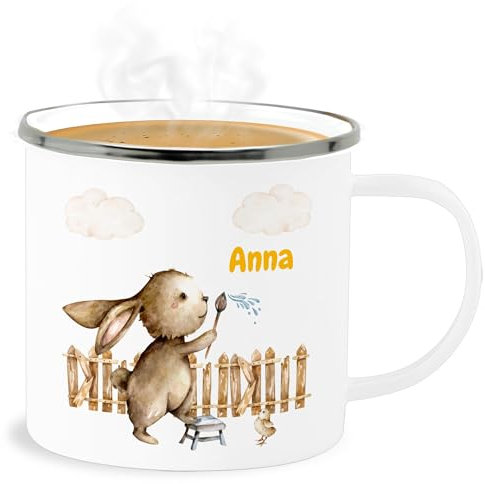 Emaille Becher Blechbecher - Ostergeschenke - Süßer Hase Kinder - 300 ml - Weiß Silber - ostern hasen tasse oster osterhase tassen osterhasen name easter osterngeschenke ostegeschenk