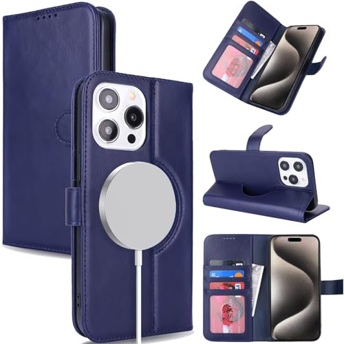 Zouzt Genuine Leather Wallet case for iPhone 15 Pro 6.1 Inch, Compatible with MagSafe Real Leather Flip Folio Book Protective Phone Cover Women Men for iPhone 15 Pro - Dark Blue