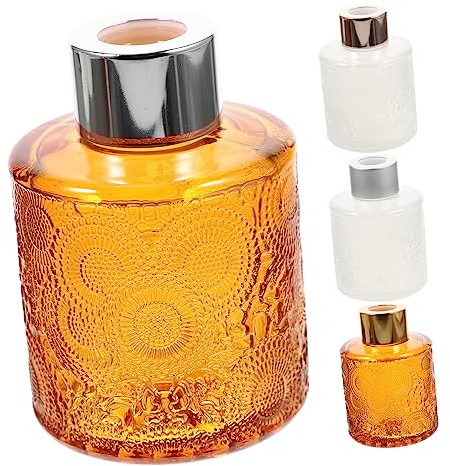 ULDIGI Embossed Aroma Diffuser Bottle Set of 4 2 White 2 Yellow Reed Diffuser Containers Glass for Home Decoration Random Cap Color