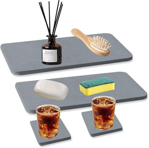 4 Pack Water Absorbent Diatomite Coasters, Water Absorbing Stone Tray for Sink, Diatomaceous Earth Mat, Instant Dry Sink Organizer for Kitchen, Bathroom(grey)