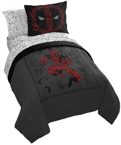 Jay Franco Marvel Deadpool Bettwäsche-Set in voller Größe – 7-teiliges Bettwäsche-Set mit Bettlaken und Kissenbezügen – Grau und Rot, superweiche, gemütliche Bettwäsche