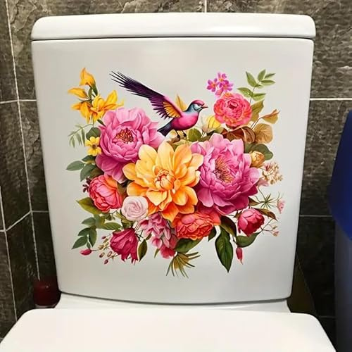 Colorful Flower Cluster Bird Toilet Cover Sticker Decals,Flower Leaf Butterfly Waterproof Toilet Lid Tank Seat Decals Cistern Self-Adhesive Bathroom Wall Sticker