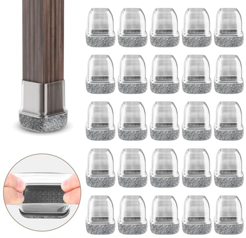 RCHYFEED 15-18mm Stuhlbeinkappen mit Filzpolstern Transparente Silikon, 24 STK Elastische Schutzkappen für Stuhlbeine Eckig Gummi Stumm & Kratzfest, Stuhlbeinschoner mit Filz Filzgleiter