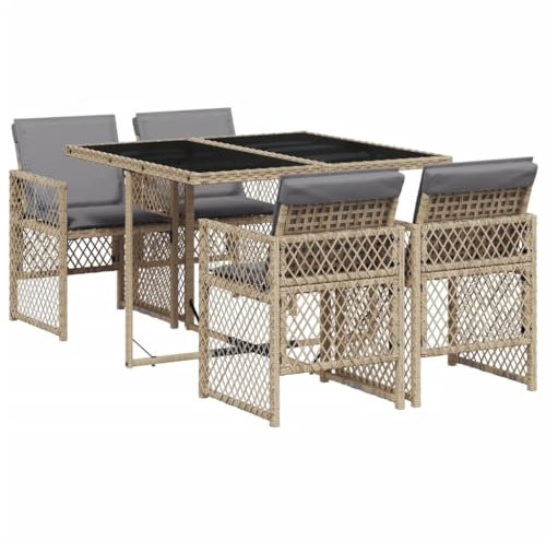 vidaXL Garten Essgruppe 5-TLG., Gartenmöbel Set mit Kissen, Gartengarnitur Tisch 4 Stühle, Sitzgruppe für Garten Terrasse, Beige Poly Rattan