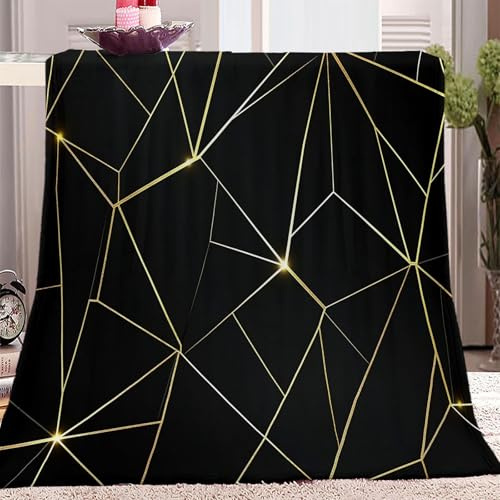 Kuscheldecke Flauschige Wolldecke mit Luxuriöse Geometrische Linien Muster, Warme Sherpa Decke Wohndecke Sofadecke 130 x 150 cm Warme Super Weiche Kuscheldecke Schwarz Gold