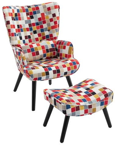 HomeMiYN Patchwork Ohrensessel mit Hocker Massivholzbeine Lendenstützkissen | Bunter bequemer Lesesessel, Leinenstoff und ergonomisches Design, für Wohnzimmer und Schlafzimmer, Geometrische Farbkunst