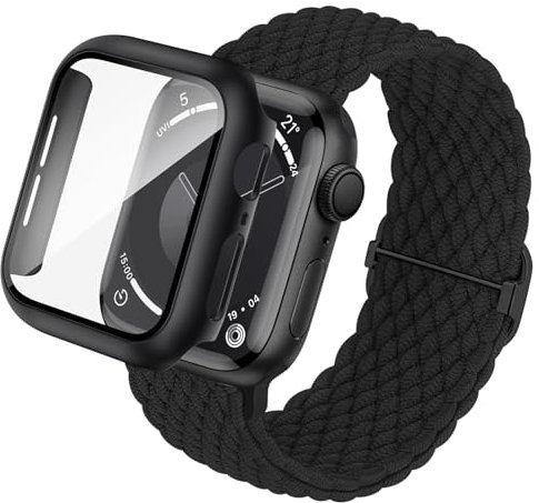 Raradev 3-in-1 Compatibile per Cinturini Apple Watch 44mm con Custodia e Proteggi Schermo, molla elastica tessuta e coperchio protettivo con vetro temperato 9H per iWatch SE3 Serie 6 5 4, Nero