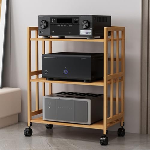 Audio Rack Hifi Regal Audio-Rack-Stereoschrank, Lautsprecher/DVD-Player/AV-Medienständer Aus Holz Mit Rädern, 50 55 60 70 80 Cm Langes Regal Für Unterhaltungskomponenten(3 Tier-88cm tall,W 80 cm(31.5