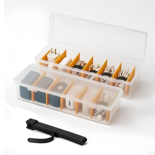 KNJOMZIE 2 Stück Kabelbox, Kabel Organizer Box mit 16 Kabelbindern, Ladekabel Aufbewahrungsbox, Stapelbare Cable Organizer Box für Schublade Schreibtisch