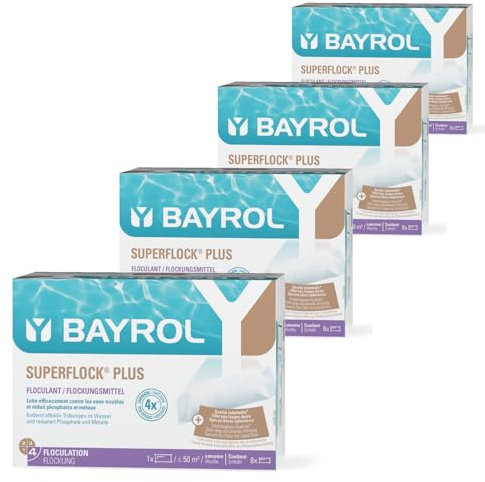 BAYROL Superflock Plus Lot de 4 cartouches de floculant pour piscine avec filtre à sable/verre filtrant, 1 kg, rend l'eau cristalline