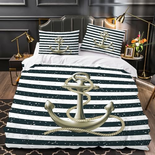 RFFLUX 3D Anker Bettwäsche Set 135x200 cm 2teilig Weiche und Angenehme Microfaser Bettwäsche Maritim Bettbezug Kinderbettwäsche mit Kissenbezug 80x80 cm（Stil 31-17）