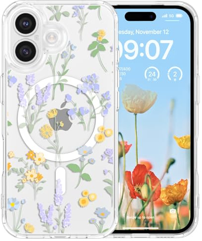 RALEAVO für iPhone 17 Magnetisch Hülle Niedlich Blumen, Lavendel | Für iPhone 17 Kompatibel mit MagSafe Hülle, Stark Magnetisch Fester Hard-PC Klar Hülle Stoßfest Schutzhülle