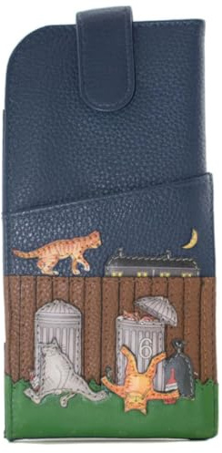 Alley Cats Wide Fit Glasses Case by Mala– Genuine Leather Cat Design Spectacle Holder with Pen Holder, Popper Fastener & Gift Dust Bag – Navy with Ginger Tom & Grey Cats (Navy)