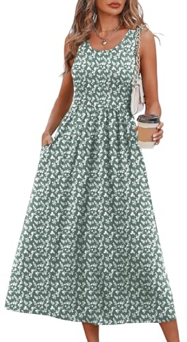 WIHOLL Casual Dresses for Women Sleeveless Scoop Neck Flowy Spring Midi Dresses for Women Sun Dress Beach Vacation Maxi Summer Dress Sundresses for Women 2026 Green Floral M
