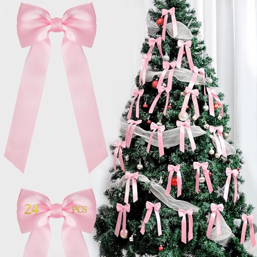 Lilbitty 24pcs Twist-Tie Fiocchi di Natale Fiocchi rosa per decorazioni albero di Natale, nastro biadesivo decorazioni per feste di Natale legami sacchetti con torsione
