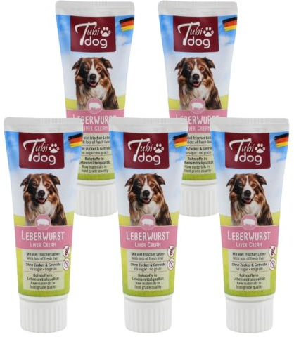 Leberwurst | Paste für Hunde | 5 x 75 g | Ohne Zucker & Getreide | Tubi Dog | Ergänzungsfuttermittel | Für Belohnung, Training, Topping und einfache Tablettengabe | Monoprotein | 5er Pack