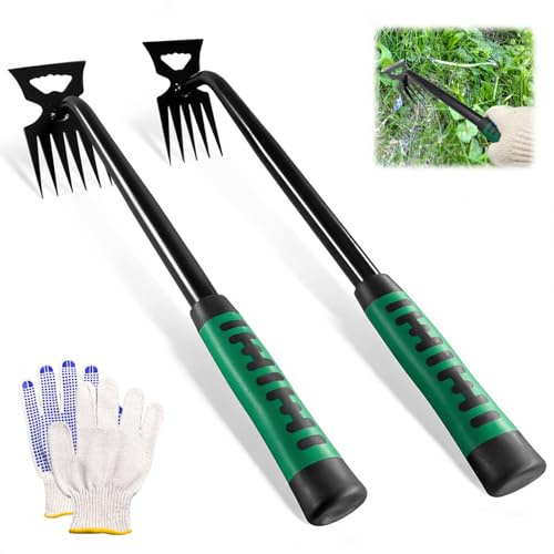 Klerbesh Lot de 2 Outil de Désherbage, Désherbeurs 5 et 6 Dents, Extracteur de Mauvaises Herbes en Acier Inoxydable, Outil de Jardinage Manuel avec Gants de Protection, Arrache Racine (2 Pcs)