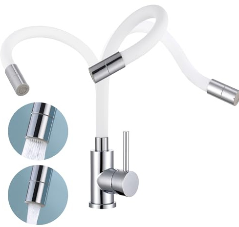 Fandipitous Robinet de Cuisine Flexible, Robinet Evier de Cuisine Blanc avec 2 Types de Jet, Mitigeur Cuisine en Acier Inoxydable, Pivotant à 360°, Robinet Évier Cuisine avec Aérateur d'économie