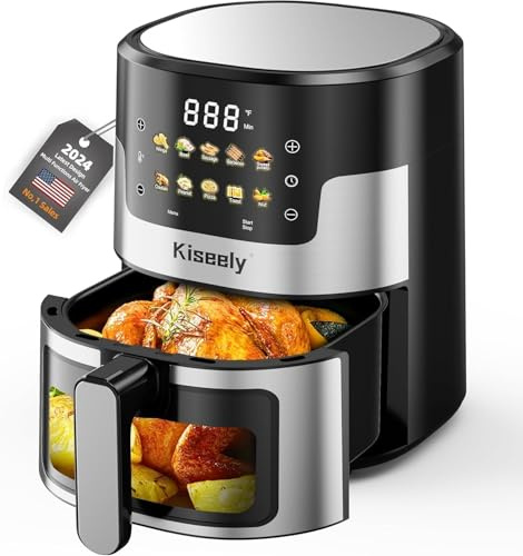 Friteuse à air 6 L avec écran tactile en verre et fenêtres transparentes, four à friteuse à air 10 en 1 en acier inoxydable avec contrôle de la température pour rôtir, cuire et griller (HL2)