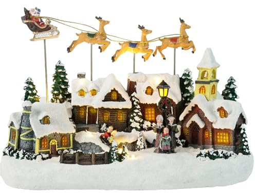 YROHGKPN Weihnachts Rentier Dorfhaus, LED Musik Dekoration, Kunstharz, Feiertags Mittelstücke für Kamine, Kaminsimse, Schaufenster, Weihnachten, Fliegender Hirsch, LED Musik Ornament