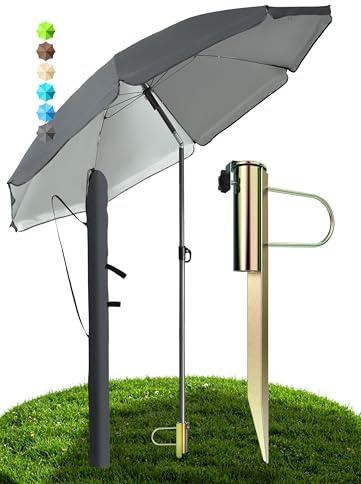 Menz Sonnenschirm Strand Ø 180 cm mit Rasendorn, UV50+, Fb. Anthrazit | 3-in-1-Set, Strandschirm windfest stabil + Rasendorn Sonnenschirmhalter + Sonnenschirmhülle, robuster Schirmspieß für Garten