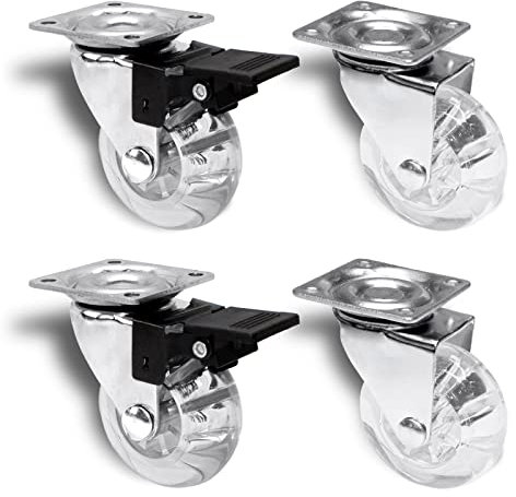 PRIOstahl Möbelrollen Premium Transparent 4er Set 50mm 2 Lenkrollen + 2 mit Bremse 20kg Tragkraft Transportrollen klein mit Anschraubplatte Büro