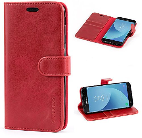 Mulbess Handyhülle für Samsung Galaxy J7 2017 Hülle, Leder Flip Case Schutzhülle für Samsung Galaxy J7 2017 Duos Tasche, Wein Rot