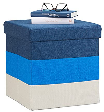 Relaxdays Polster Hocker mit Stauraum, gestreifter Sitzhocker, faltbarer Polsterhocker HBT: 38 x 38 x 38 cm, blau-weiß