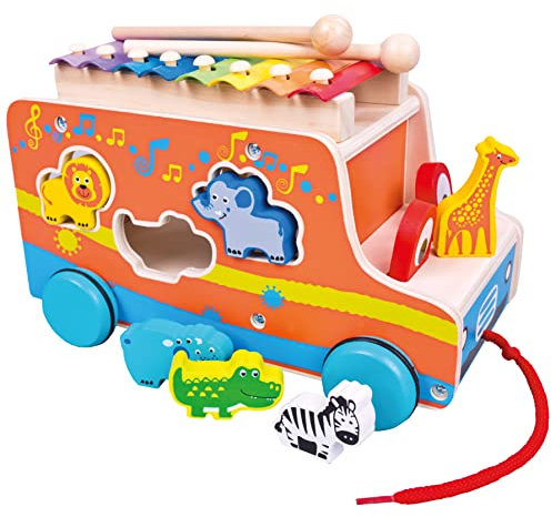 Bino & Mertens Holz-Steckauto mit Xylophon, Spielzeug für Kinder ab 18 Monate, Kinderspielzeug (Ziehauto mit Sortierfunktion, hilft mit ersten Schritten & Gleichgewichtsübungen, inkl. Tierformen), Mehrfarbig