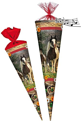 Sound Modul - Effekt ! Schultüte - Pferde & Fohlen - Pferdekoppel - 70 cm - Tüllabschluß - Zuckertüte - mit/ohne Kunststoff Spitze - Nestler - Mädchen..