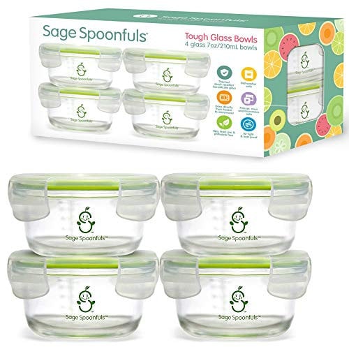 Sage Spoonfuls Bocaux en verre résistant pour bébé - Conteneurs de rangement avec couvercles - 4 bols de 7 onces - Durable et sûr pour le fridge/congélateur, micro-ondes, four
