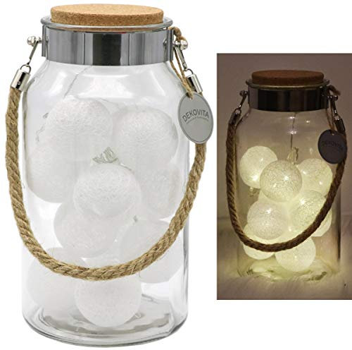 Dekovita Dekoglas H:30cm Korkdeckel inkl. Tronje 10 LED Lichterkugeln 4h-Timer Lichterkette Baumwollkugeln Warm-Weiß