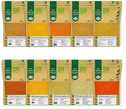 BIO Gewürzmischung Indische Küche Gewürzset - Masala 10er SET - Garam Masala, Curry Masala, Kurkuma, Chicken Curry Masala, Asiatische Curry Masala, Kreuzkümmel Paprika Fenchel Koriander Gewürze